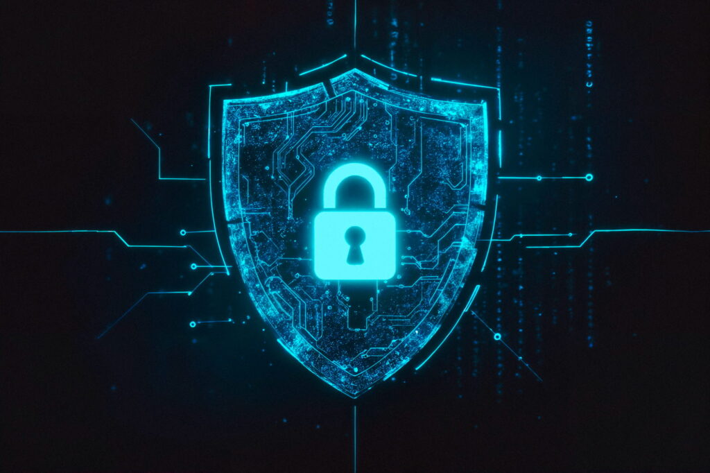 Glowing blue digital shield with a padlock symbol in the center, featuring circuit‑like patterns and surrounded by abstract lines and nodes, visually representing cybersecurity, encryption, and protection of digital networks against cyber threats.
