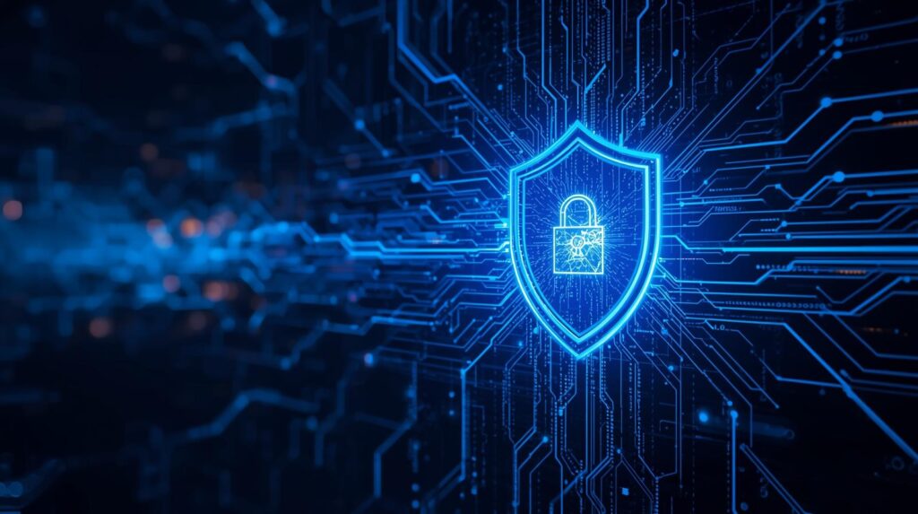 Digital illustration of a glowing blue shield with a central padlock symbol, surrounded by interconnected circuit‑like lines and nodes. The design conveys cybersecurity, encryption, and protection of digital networks against cyber threats in a modern technological environment.