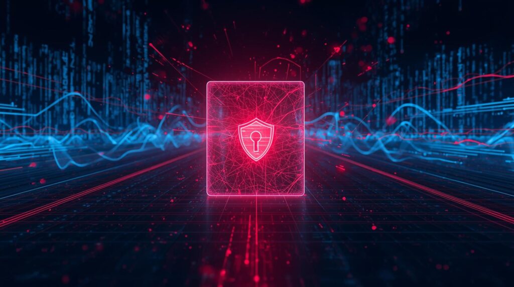 Glowing red shield icon with a central keyhole, enclosed within a transparent rectangular frame. The background features blue and red digital light patterns resembling data streams or network connections, visually representing cybersecurity, encryption, and protection of digital information.