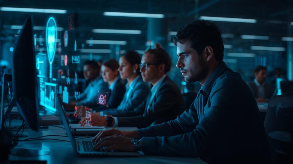 Individuals seated in a modern office environment, each working on computers in a dimly lit space with a blue hue. Computer screens and holographic projections display digital icons and data visualizations, including email symbols, shopping carts, and security locks, representing activities related to cybersecurity, data analysis, and digital communication. The scene conveys teamwork and focus in a technology‑driven workspace.