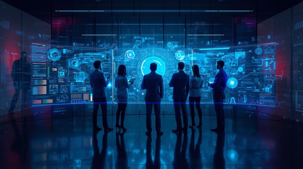 Six individuals standing in front of a large futuristic digital display wall filled with holographic‑style graphics, charts, maps, and interface elements illuminated in shades of blue and cyan. The display features circular diagrams, bar graphs, and technical icons, creating a high‑tech, data‑driven atmosphere. The group appears engaged in analysis or discussion, representing collaboration in a modern environment focused on data analytics, digital innovation, and teamwork on the Insights page.