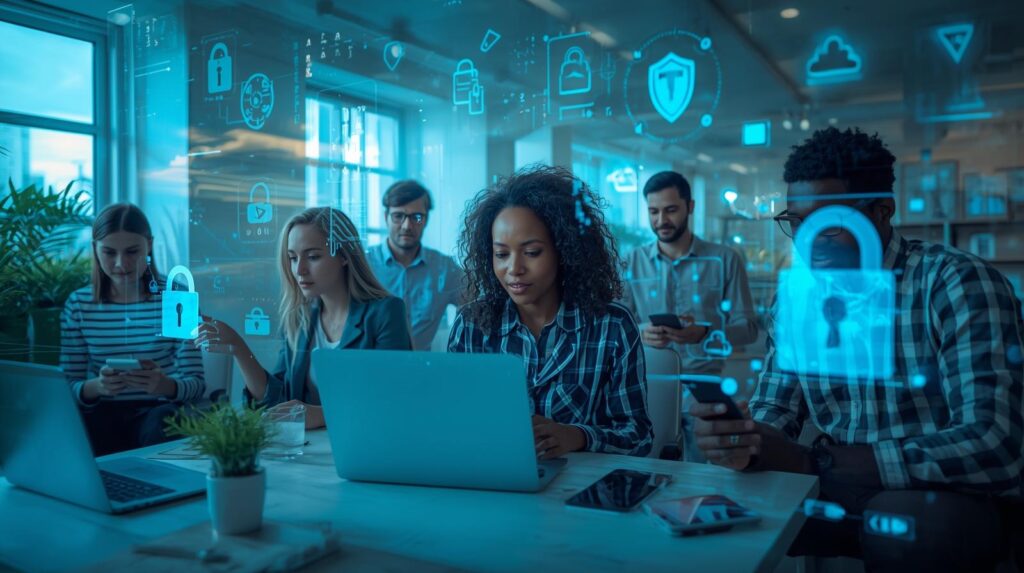Six individuals seated around a table in a modern office, each engaged with laptops or smartphones. Overlaid across the scene are glowing blue holographic icons including padlocks, shields, cloud symbols, and network diagrams, visually symbolising cybersecurity, data protection, and collaborative teamwork on digital security projects on the Insights page.