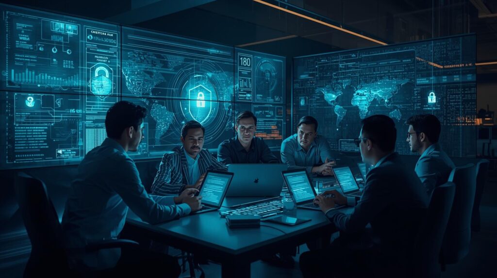 Six individuals seated around a conference table in a modern, dimly lit room illuminated by blue digital displays. Each person has a laptop open, while large screens behind them show complex data visualisations, maps, charts, and cybersecurity graphics including padlock icons and network diagrams. A central glowing lock symbol surrounded by circular data patterns dominates the display, suggesting a cybersecurity or digital defence briefing with global monitoring and threat analysis on the Insights page.
