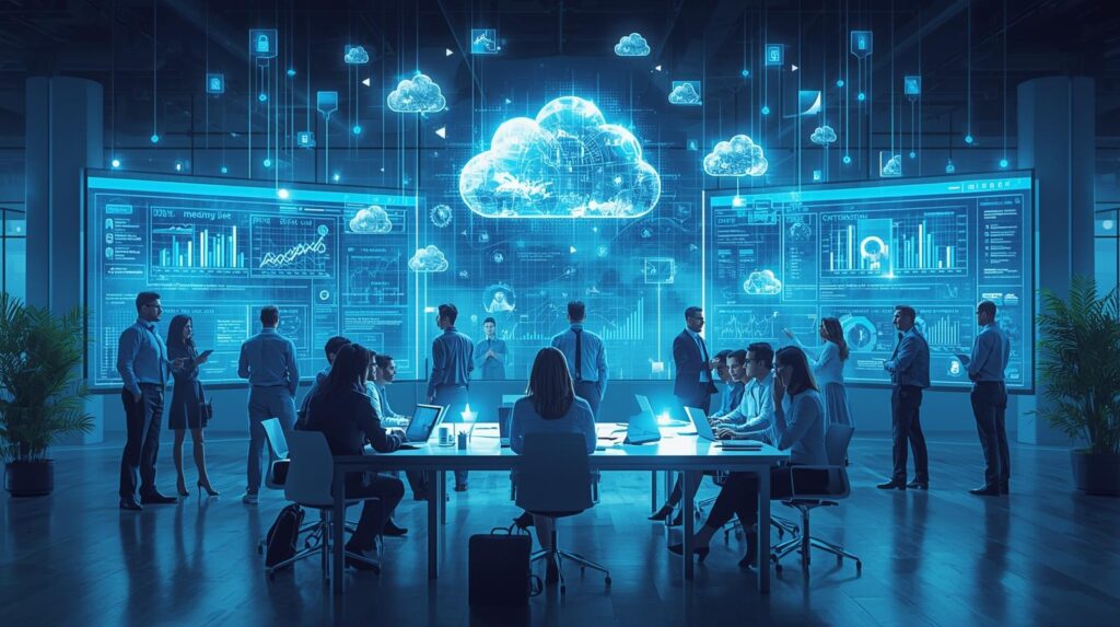Modern office environment with multiple people collaborating around a large table and standing in groups, illuminated by a blue digital glow. Holographic cloud icons and data visualisations are projected in the air and on wall screens, displaying charts, graphs, and analytics related to cloud computing and data management. A large glowing cloud symbol suspended above the workspace emphasises teamwork, innovation, and digital collaboration in a high‑tech environment on the Insights page.