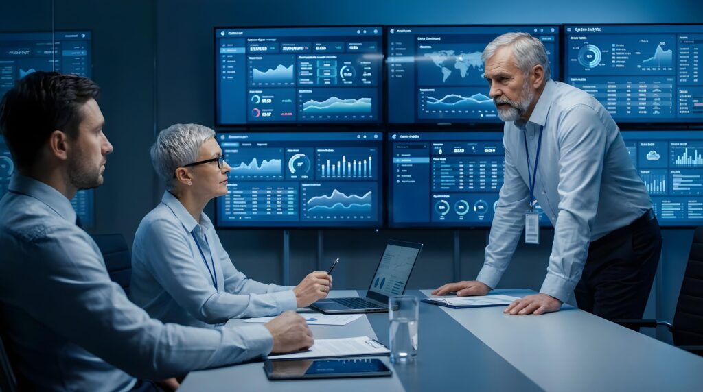 Three people seated in a modern conference room, engaged in discussion around a table with laptops and documents, as large wall‑mounted digital screens display data dashboards, charts, graphs, and world maps in professional analytics setting found on the Other Security Modules page.
