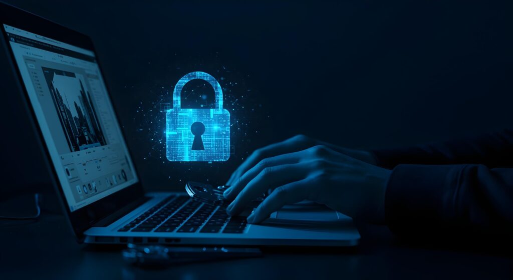 Person typing on a laptop in a dark, blue‑lit environment, with the screen showing design software displaying tall buildings. A glowing digital padlock icon is superimposed in front of the laptop, symbolizing cybersecurity, data protection, and online privacy found on the home page.