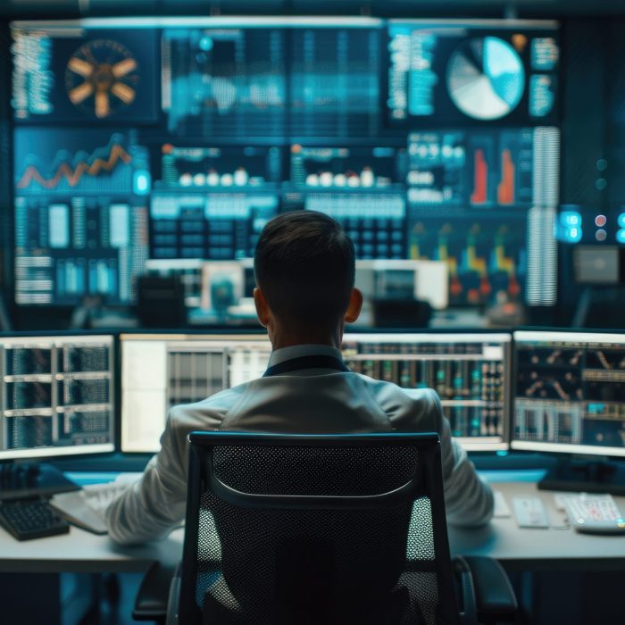 Close-up of a Professional Technical Controller Sitting at His Desk with Multiple Displays Before Him In the Background His Colleagues Working in System Control Center.