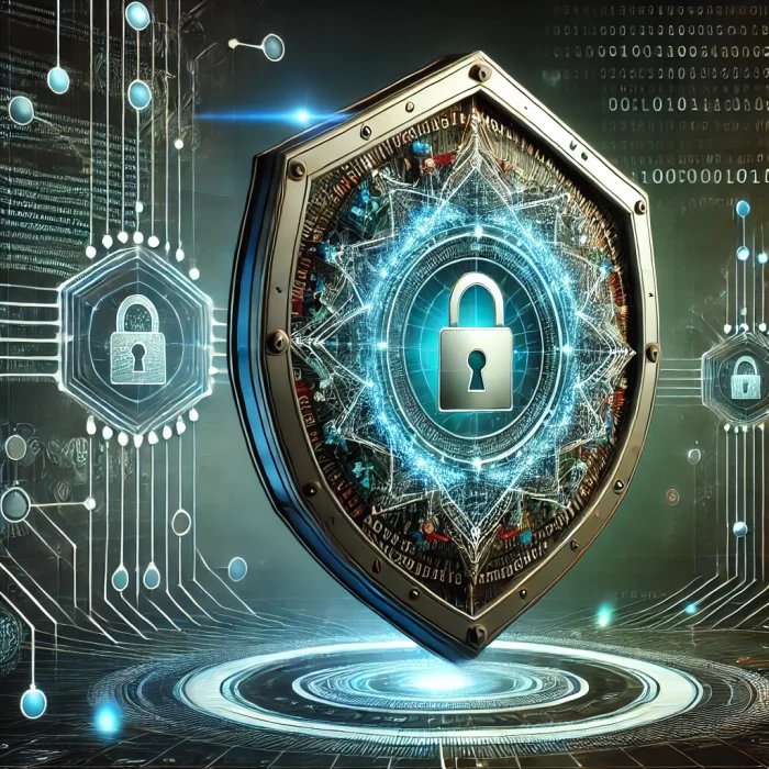 DALL·E 2024-12-05 10.29.57 - A visually striking digital illustration representing cybersecurity concepts. The image features a futuristic, glowing shield with intricate patterns,