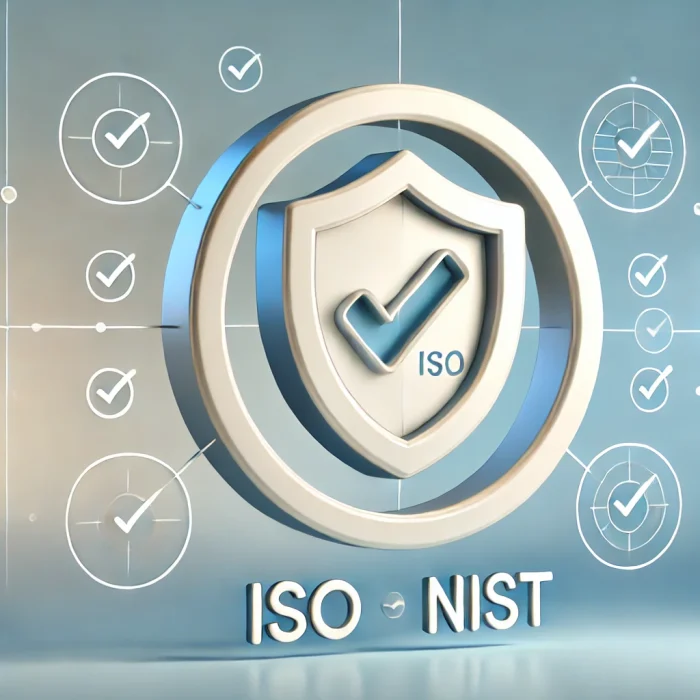 DALL·E 2024-12-05 10.36.37 - A simplified digital illustration symbolizing compliance consulting for ISO and NIST. The image features a clean and modern design with a shield icon